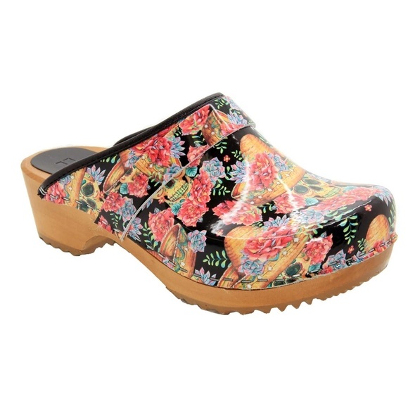 Bjork Shoes - Björk Swedish Vera Wood Open Back Leather Clogs- Multi- Size EU 36